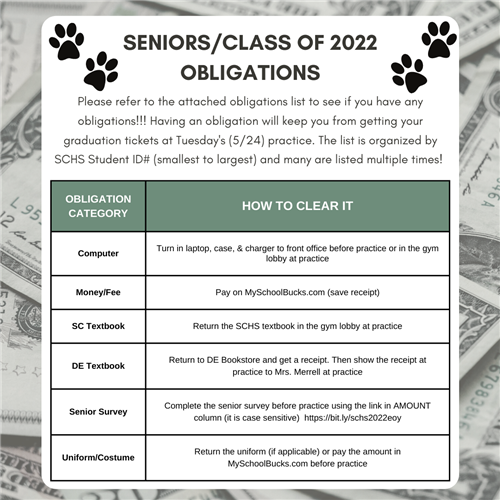  Flyer that says Seniors/Class of 2022 Obligations